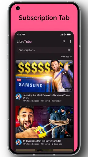 LibreTube subscription tab.